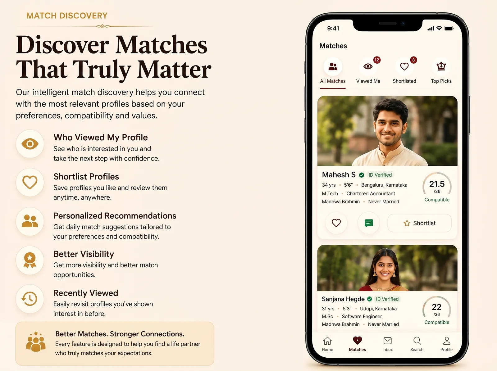 Matrimony discovery screen for Brahmin bride profiles and groom profiles — Tamil Brahmin and Kannada Brahmin and NRI matches across India USA Canada and Europe — for Smartha Brahmin, Madhwa Brahmin, Sri Vaishnava Brahmin, Iyengar Brahmin and Iyer Brahmin families