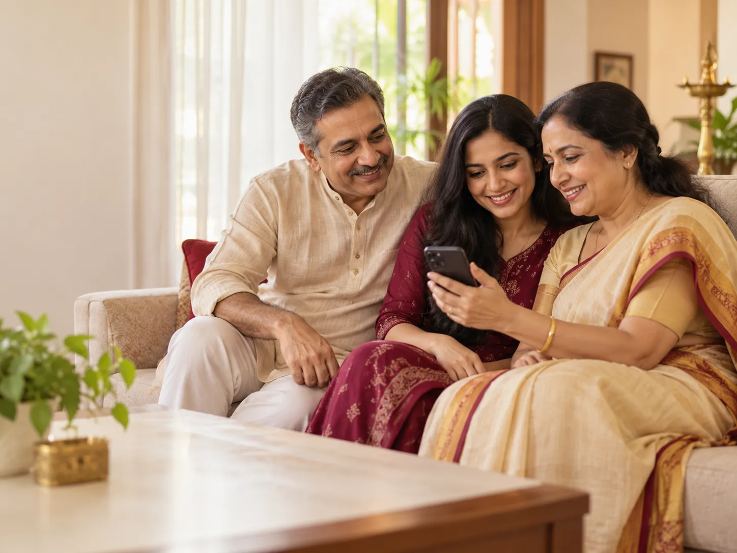 Brahmin parents and their daughter looking at matrimony profiles together on a phone at home